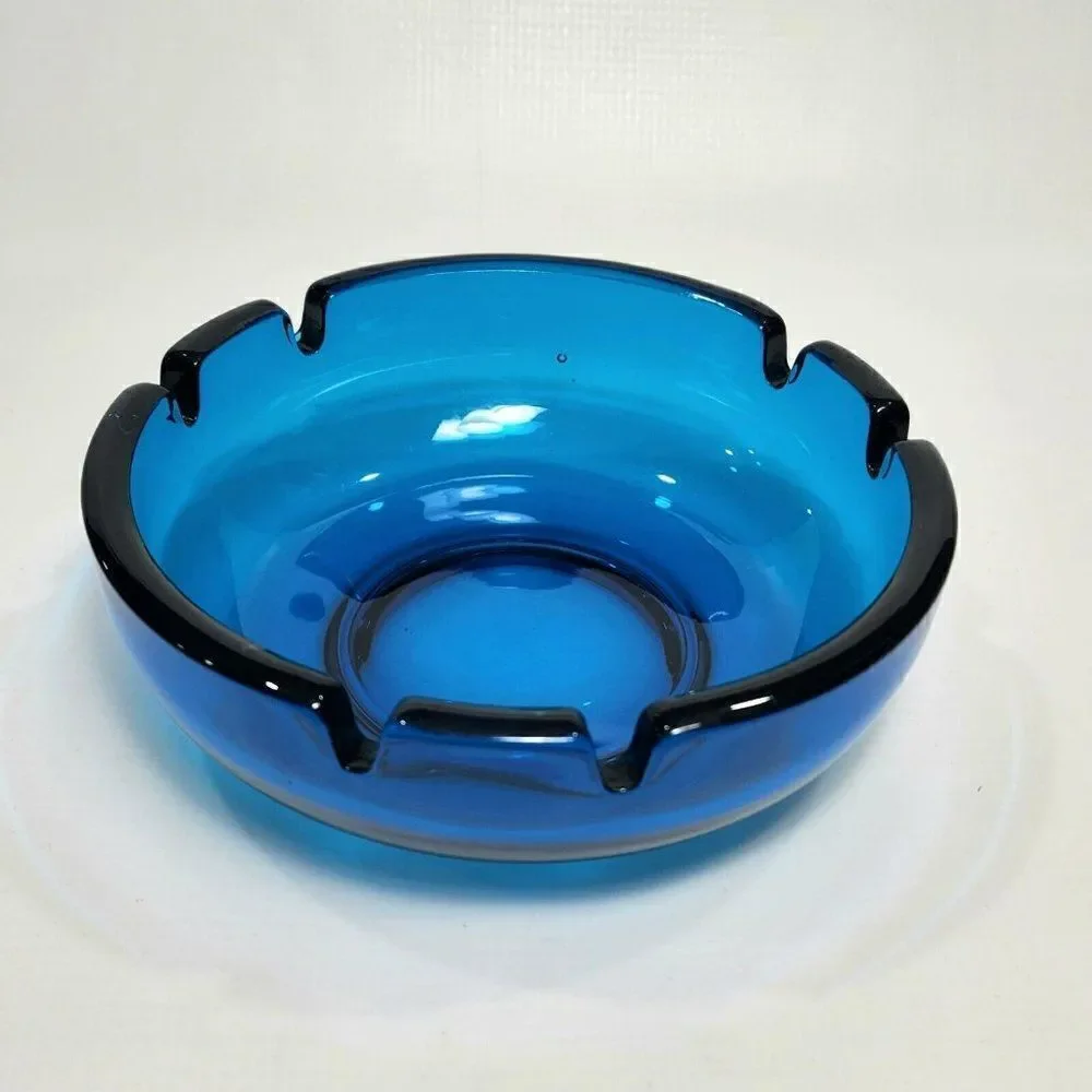 Vtg VIKING ART GLASS MCM Atomic Blue Heavy Cigar Ashtray Rare 6.5